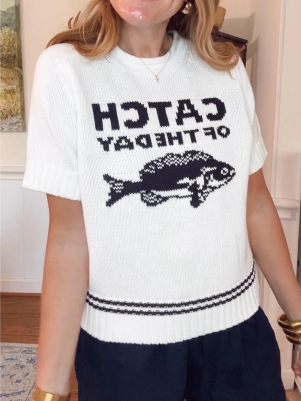 Graphic Fish Knit Sweater Vest - White/Black